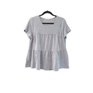 Exclusive One women's L blue white textured stripe button Shortsleeve top blouse